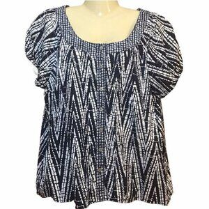 George Women's Blouse Blue White Smock Fit Cap Sleeve Button Up XL